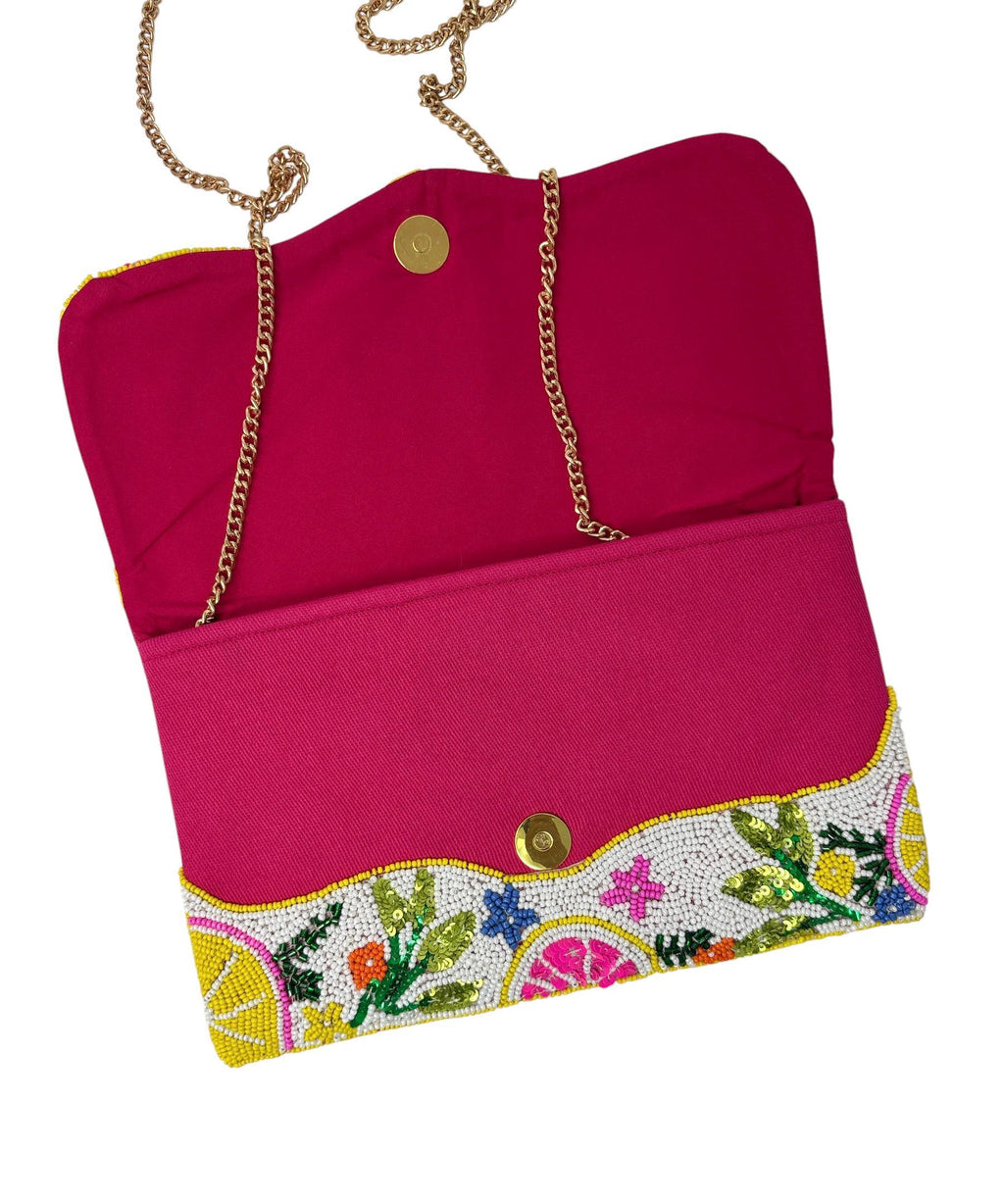 Citrus Beaded Clutch Bag, Handmade Fruit Evening Bag, Colorful Summer Crossbody Purse with Chain, Floral Statement Clutch Gift for Her