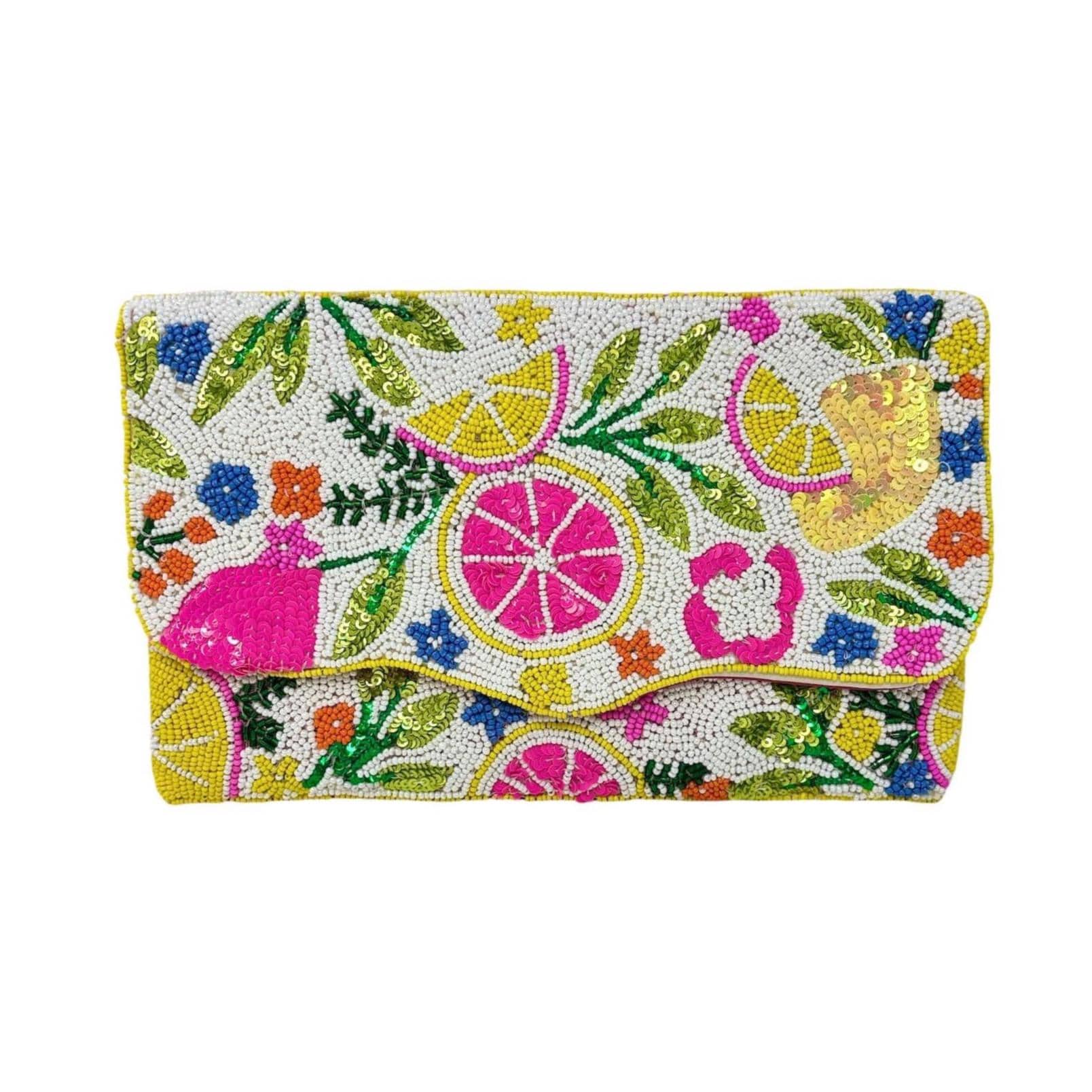 Citrus Beaded Clutch Bag, Handmade Fruit Evening Bag, Colorful Summer Crossbody Purse with Chain, Floral Statement Clutch Gift for Her