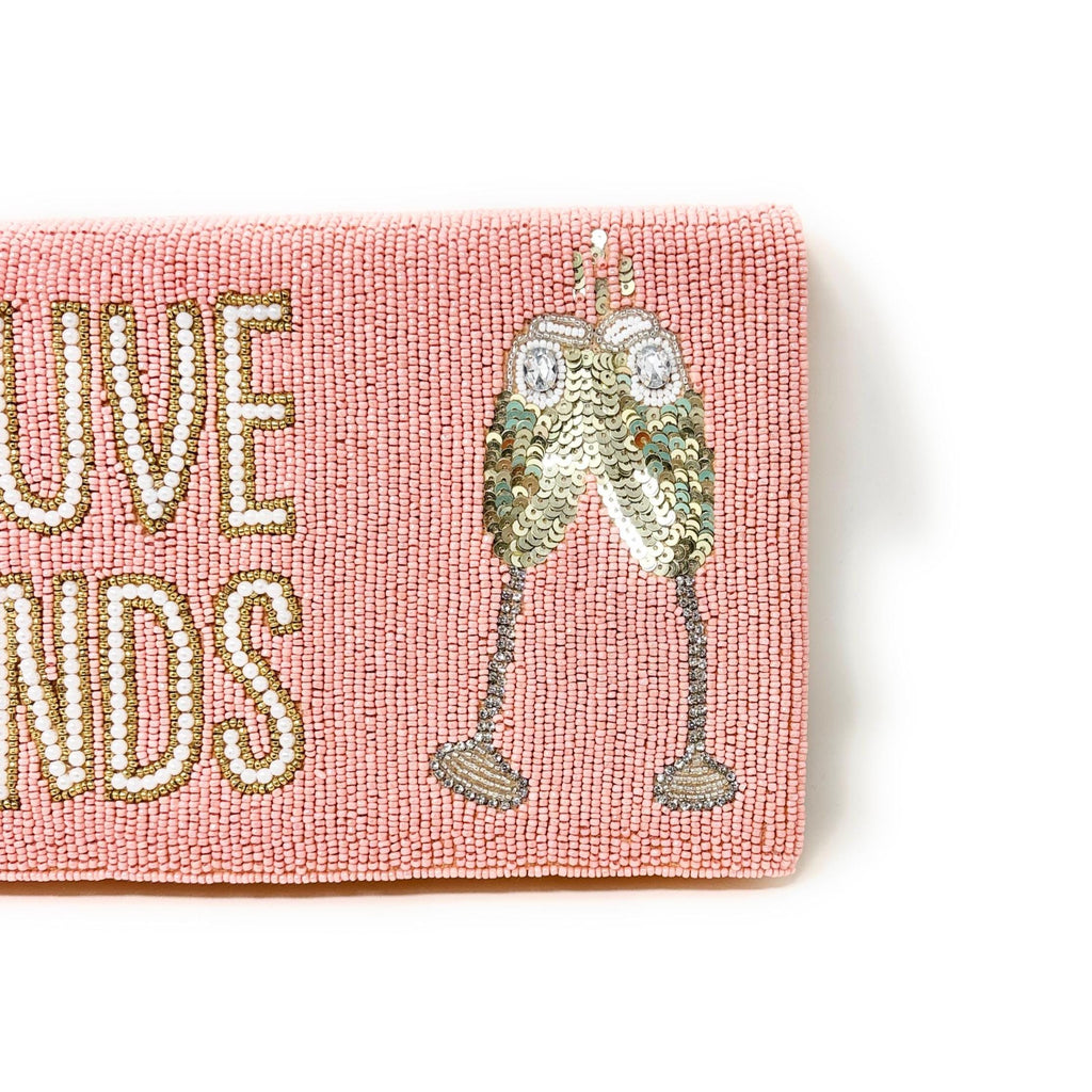 Veuve Funds Beaded Clutch, Champagne Theme Purse, Bachelorette Party Bag, Pink Statement Evening Bag with Chain Strap