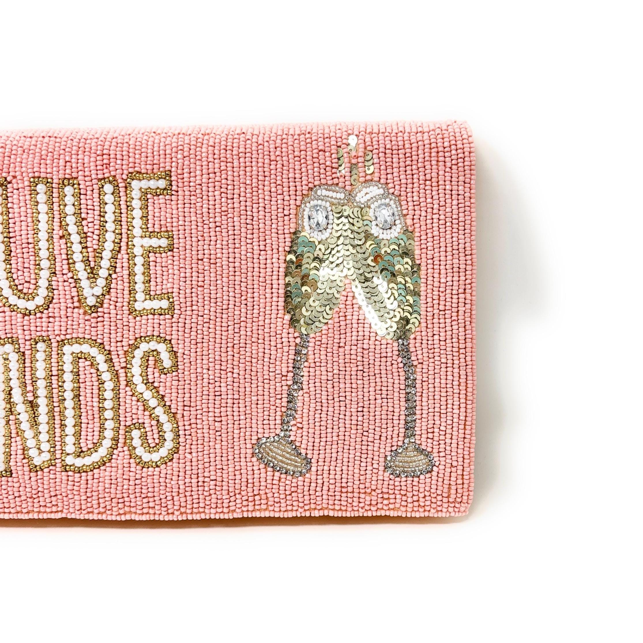 Veuve Funds Beaded Clutch, Champagne Theme Purse, Bachelorette Party Bag, Pink Statement Evening Bag with Chain Strap