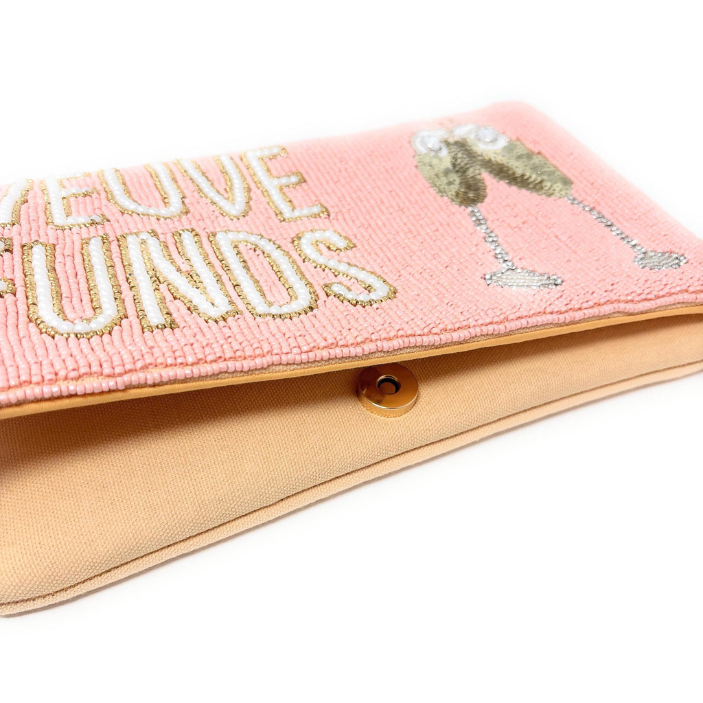 Veuve Funds Beaded Clutch, Champagne Theme Purse, Bachelorette Party Bag, Pink Statement Evening Bag with Chain Strap