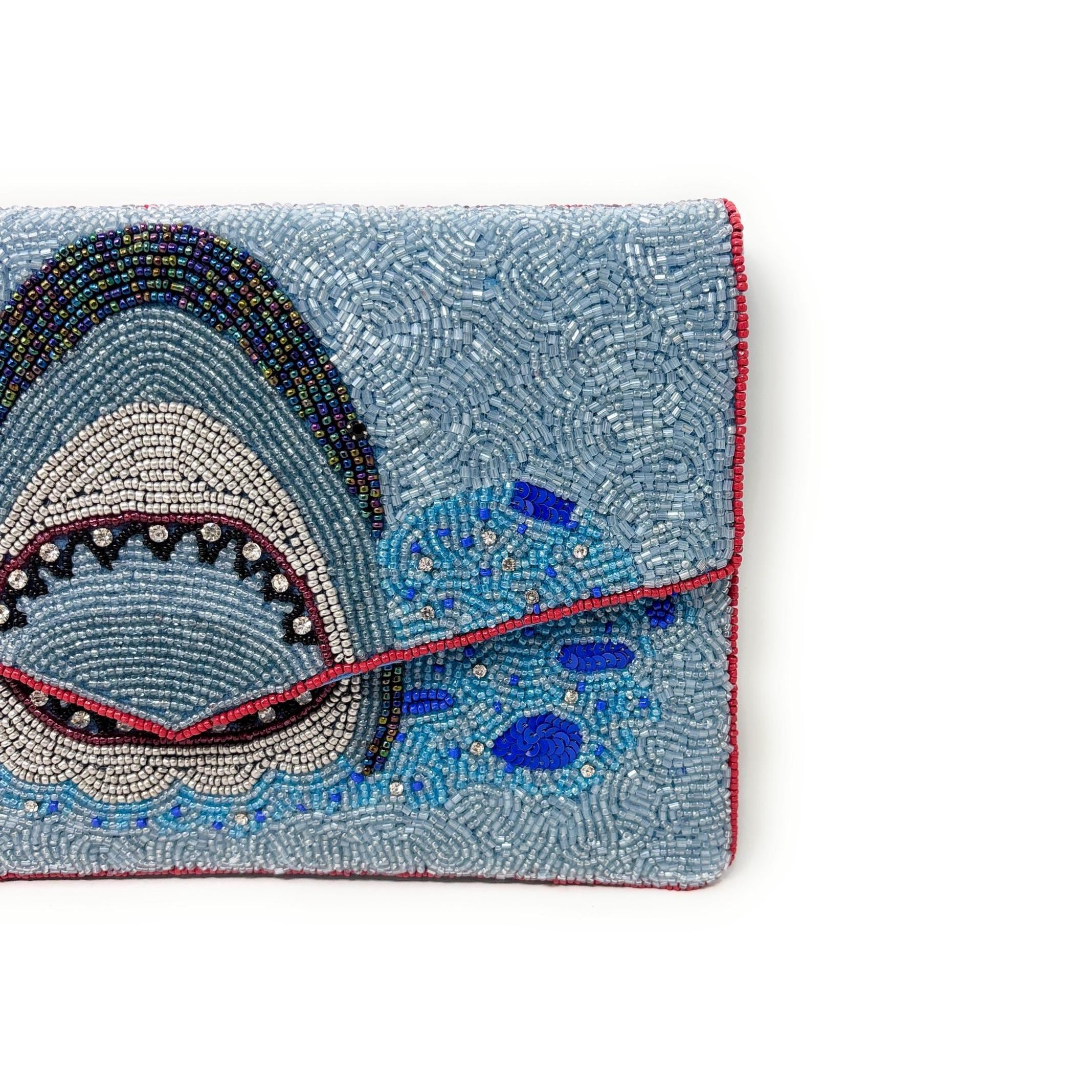 Shark Beaded Clutch Bag, Ocean Theme Statement Purse, Handmade Evening Bag with Detachable Chain Strap, Beach Vacation Handbag