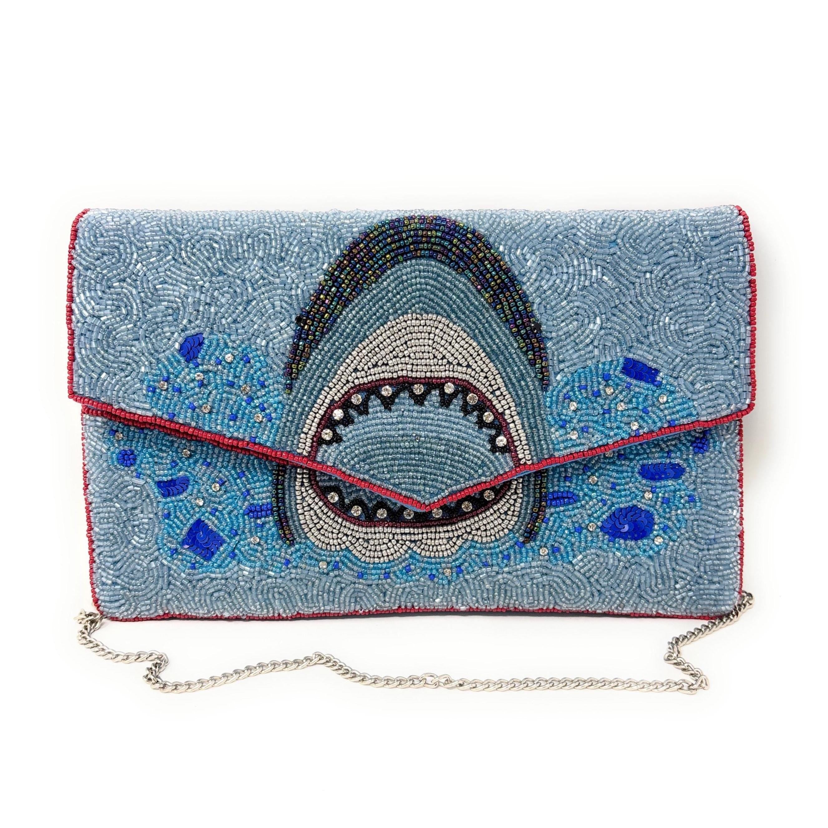 Shark Beaded Clutch Bag, Ocean Theme Statement Purse, Handmade Evening Bag with Detachable Chain Strap, Beach Vacation Handbag