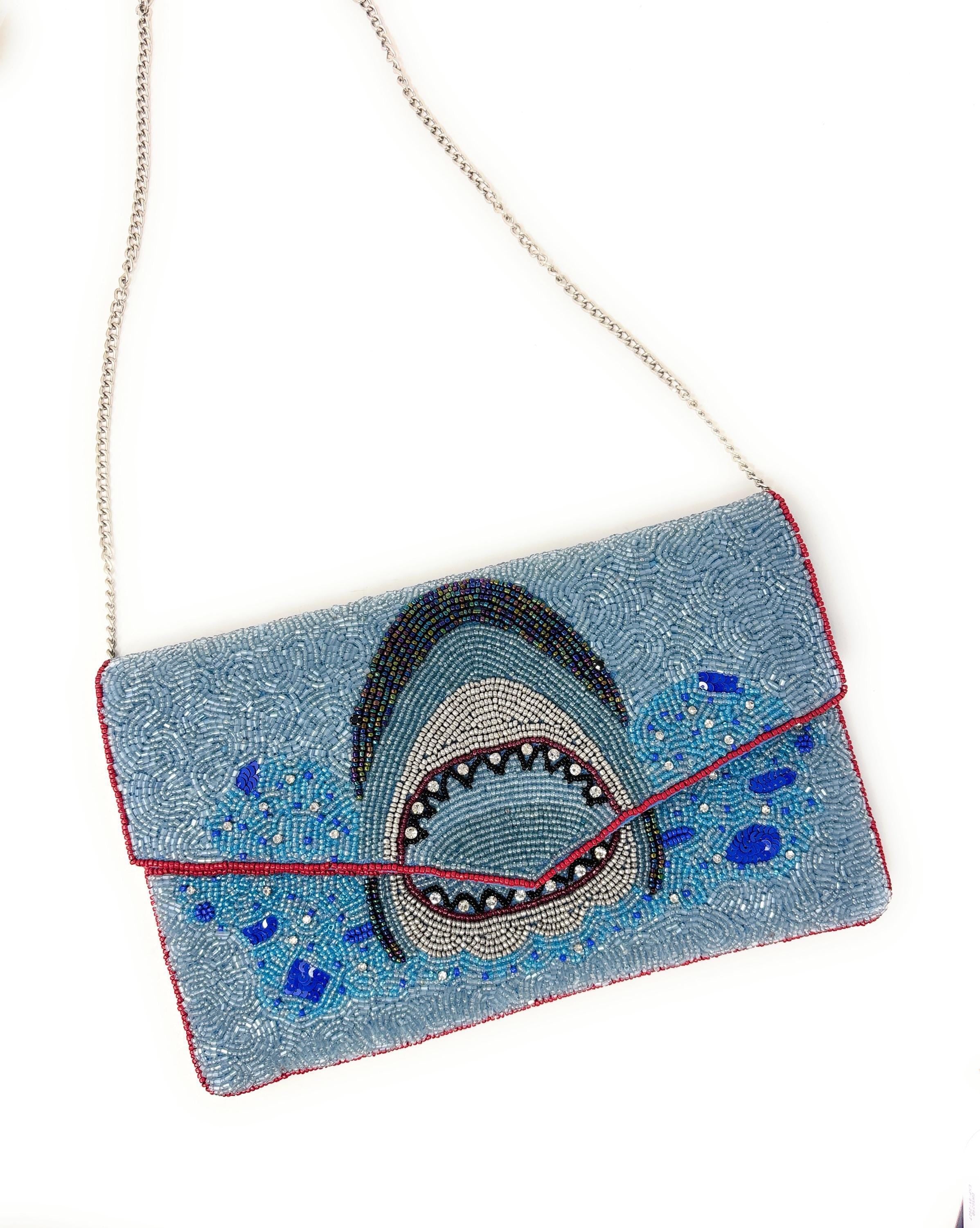Shark Beaded Clutch Bag, Ocean Theme Statement Purse, Handmade Evening Bag with Detachable Chain Strap, Beach Vacation Handbag