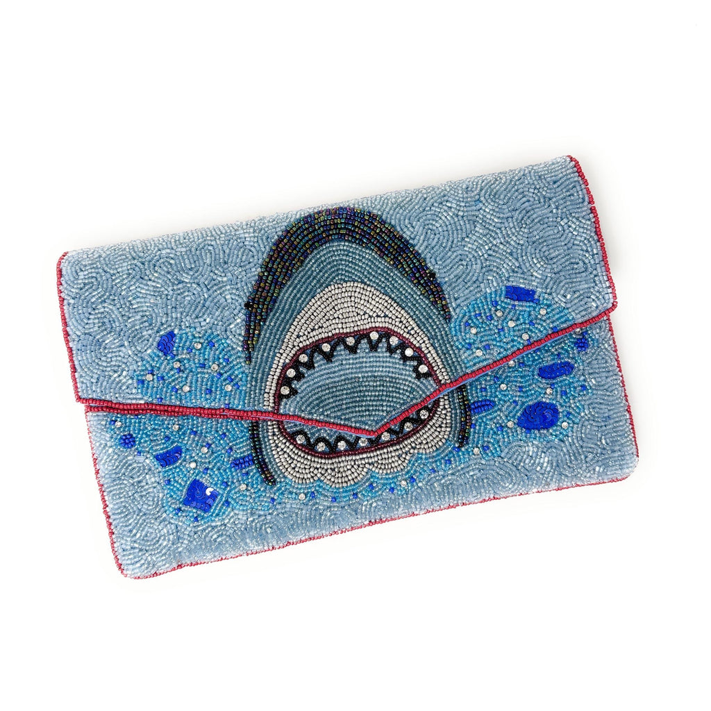 Shark Beaded Clutch Bag, Ocean Theme Statement Purse, Handmade Evening Bag with Detachable Chain Strap, Beach Vacation Handbag