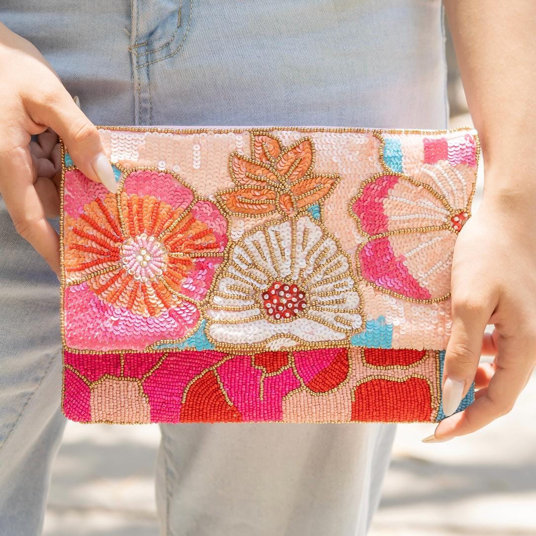 Beaded Floral Clutch Bag with Chain, Colorful Handmade Evening Purse, Statement Wedding Guest Bag, Pink Beaded Crossbody, Resort Style