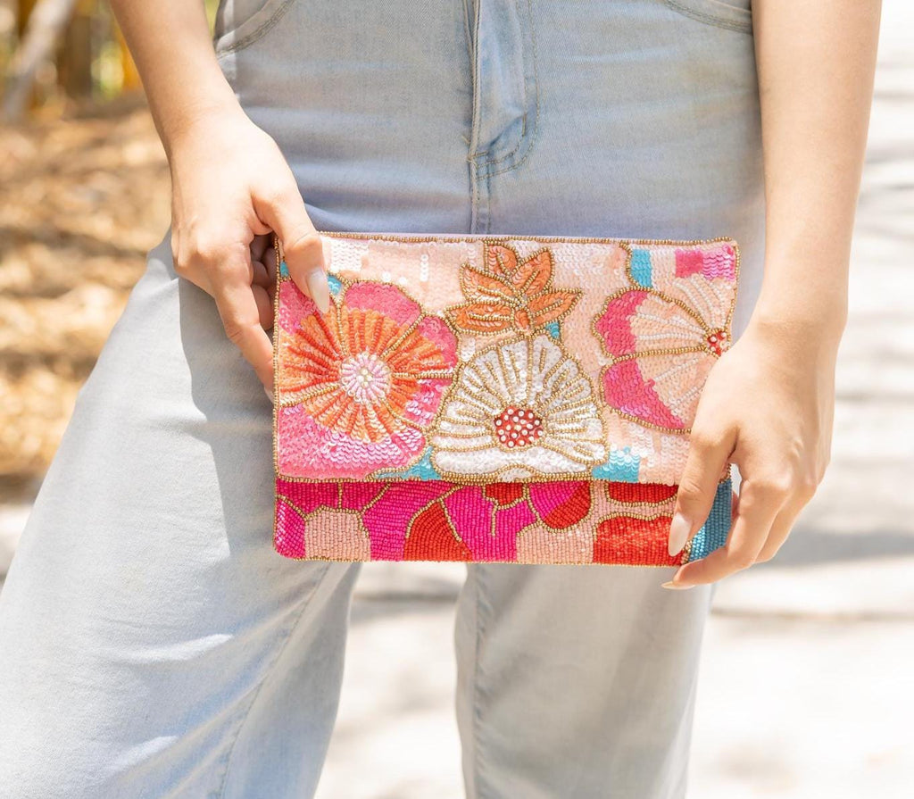 Beaded Floral Clutch Bag with Chain, Colorful Handmade Evening Purse, Statement Wedding Guest Bag, Pink Beaded Crossbody, Resort Style