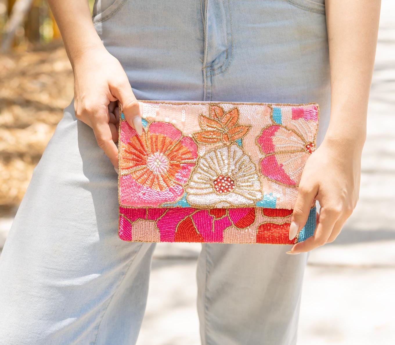 Beaded Floral Clutch Bag with Chain, Colorful Handmade Evening Purse, Statement Wedding Guest Bag, Pink Beaded Crossbody, Resort Style