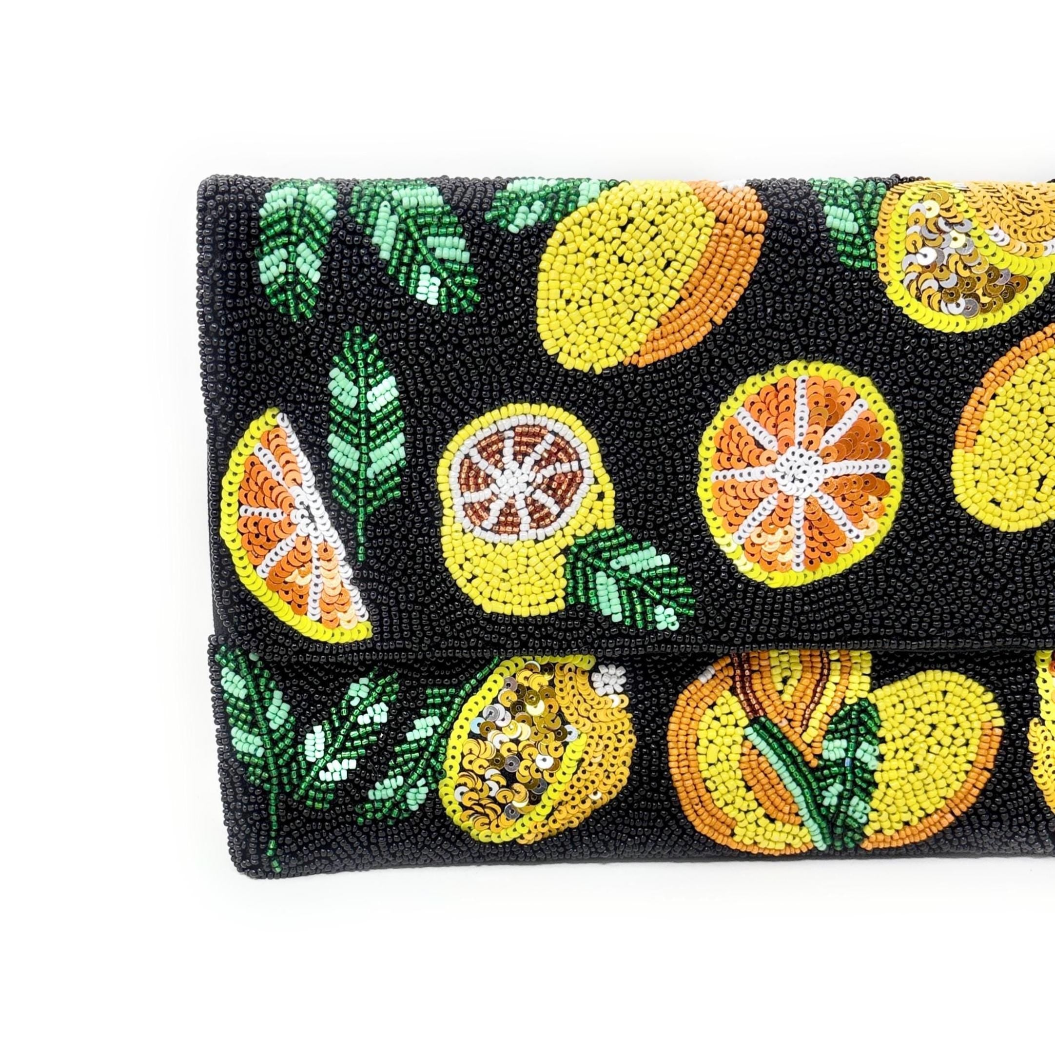 Twine and Love Citrus Beaded Clutch Purse with Removable Chain | Handmade Fruit Evening Bag | Colorful Statement Clutch | Vacation Bag