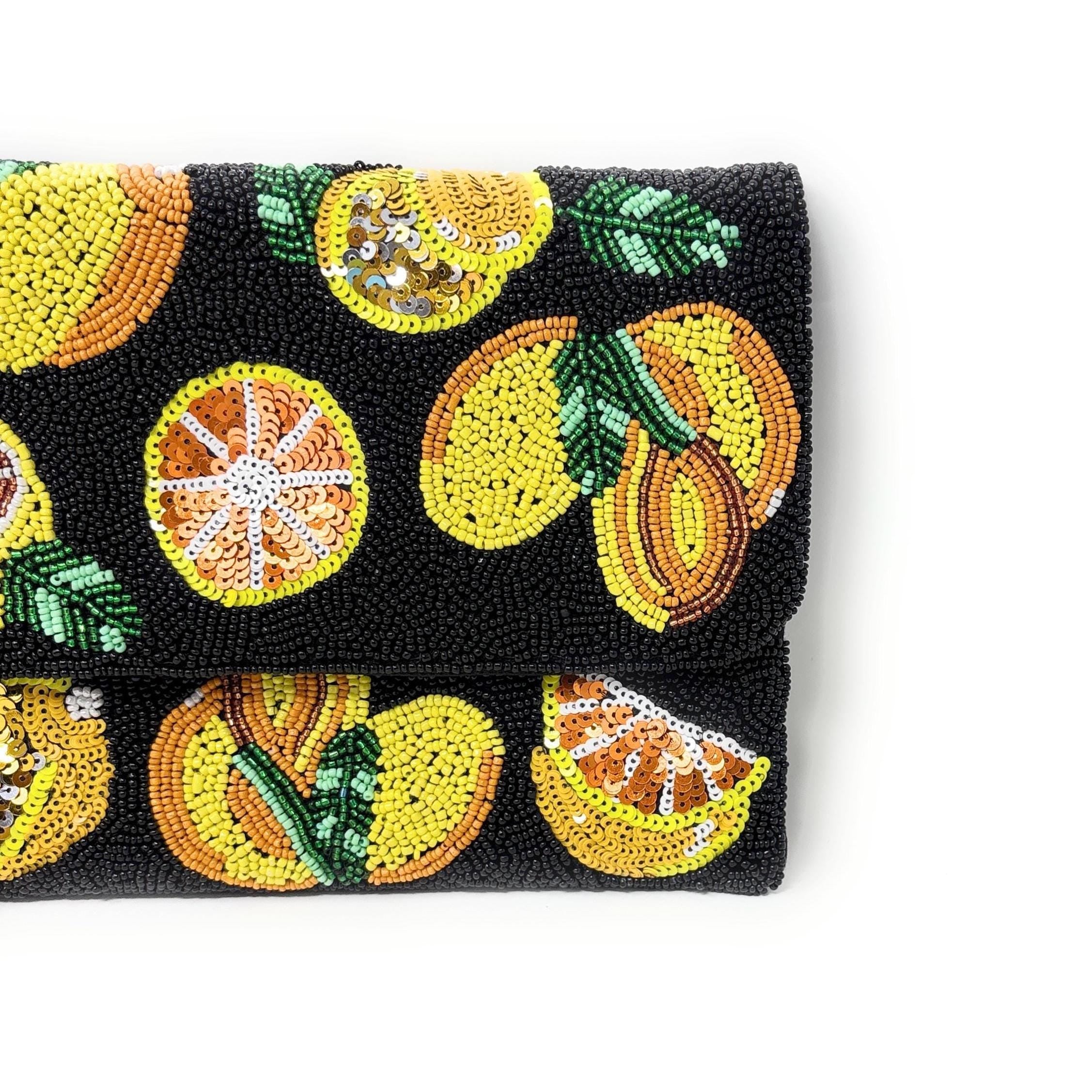 Twine and Love Citrus Beaded Clutch Purse with Removable Chain | Handmade Fruit Evening Bag | Colorful Statement Clutch | Vacation Bag