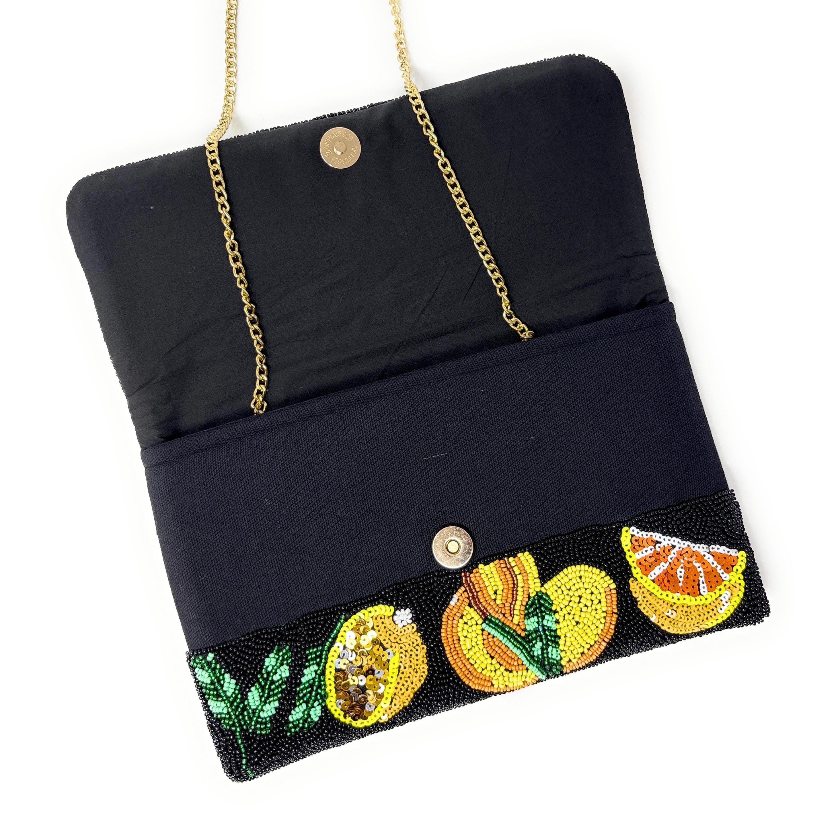 Twine and Love Citrus Beaded Clutch Purse with Removable Chain | Handmade Fruit Evening Bag | Colorful Statement Clutch | Vacation Bag