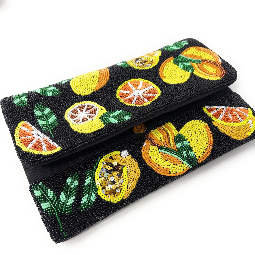 Twine and Love Citrus Beaded Clutch Purse with Removable Chain | Handmade Fruit Evening Bag | Colorful Statement Clutch | Vacation Bag