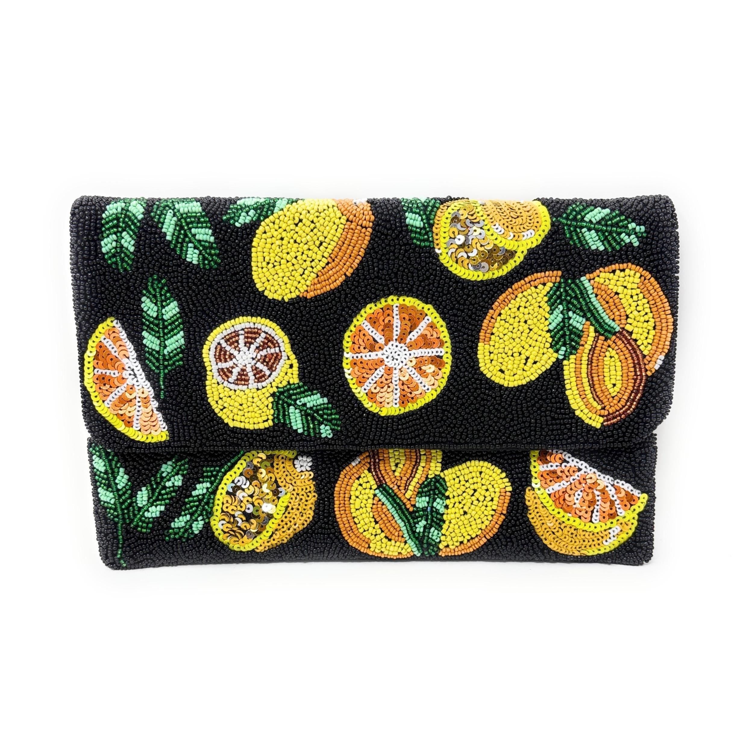 Twine and Love Citrus Beaded Clutch Purse with Removable Chain | Handmade Fruit Evening Bag | Colorful Statement Clutch | Vacation Bag